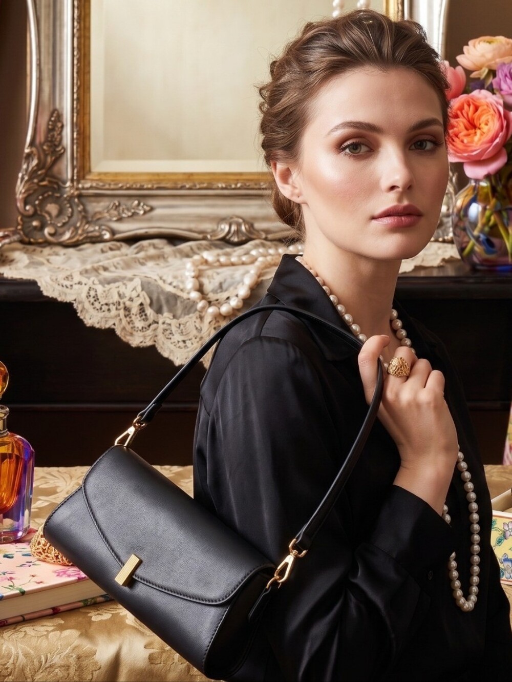 Rachel Zoe Black Leather Envelope Shoulder Bag with Gold Logo